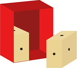En röd låda och två mindre lådor, illustration.